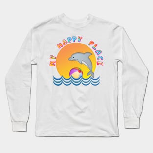 MY HAPPY PLACE Beach Sun Dolphin Waves Ball Illustration Long Sleeve T-Shirt